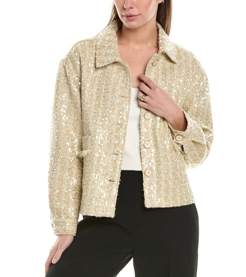 Vince Camuto Women Metallic Tweed Button Down Jacket Soft Gold Size M